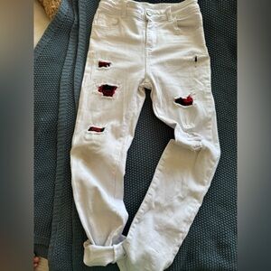 Kids White Distressed Jogger Pants with Red Lining